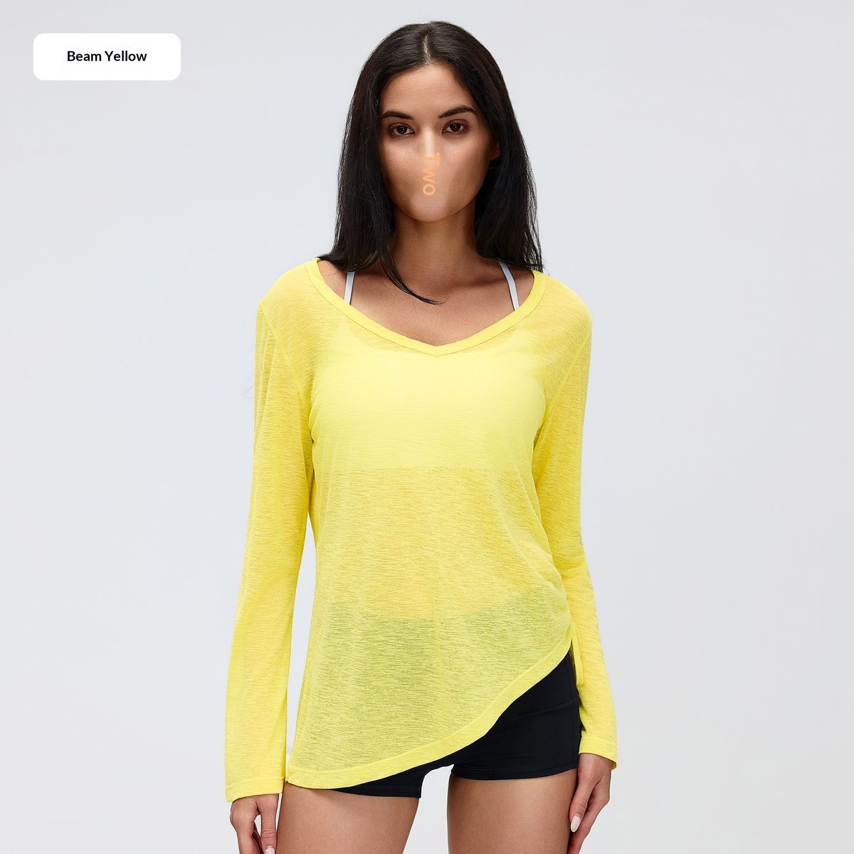 Loose V Neck Long Sleeved Cover Up, Pleated Waist Slimming Sports T Shirt, Lightweight Quick Drying Yoga Top, D26100_ecoleips.com