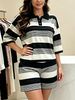 Women's Color Blocked Striped Polo Collar Short Sleeve T-Shirt And Shorts Set Casual Spring/Summer Hot Sale_ecoleips.com