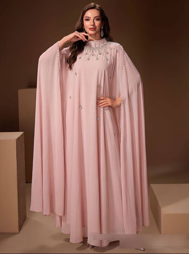 Pink Chiffon Rhinestone Embellished Cape Style Dress Heavy Duty Loose Fitting Long Robe Elegant Formal Wear for Women_ecoleips.com