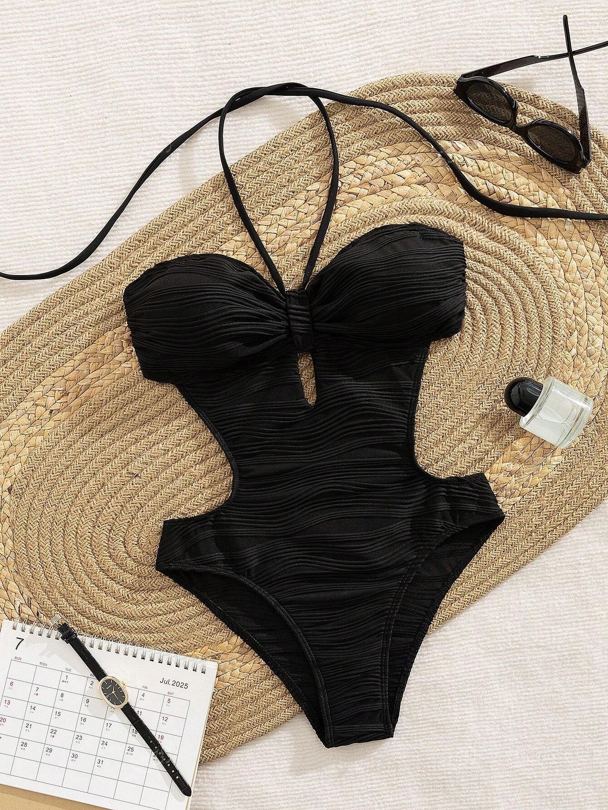 Elegant Cutout Back-Tie One-Piece Swimsuit For Women – Breathable Polyester-Spandex Blend, Comfortable & Stylish For Swimming & Beach_ecoleips.com
