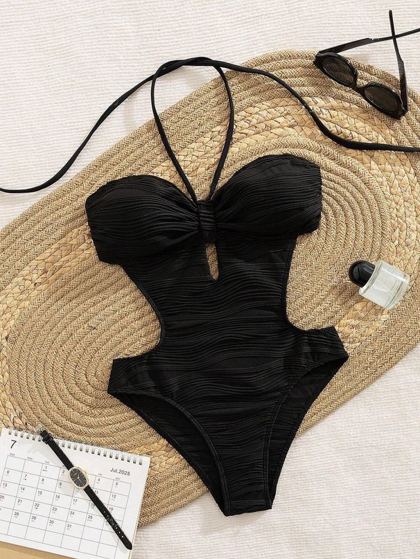 Elegant Cutout Back-Tie One-Piece Swimsuit For Women – Breathable Polyester-Spandex Blend, Comfortable & Stylish For Swimming & Beach_ecoleips.com