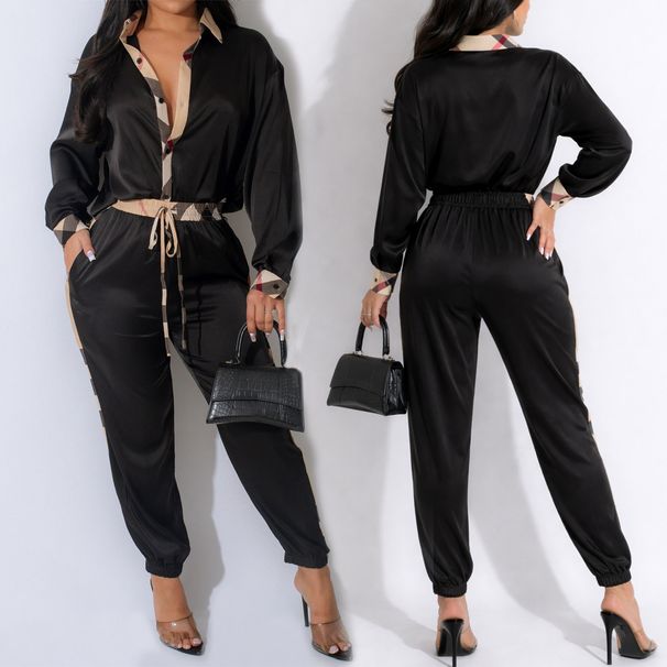 Women's Color-Block Shirt & Tapered Pants Set – Oversized Casual Two-Piece With Contrast Stitching, Loose Fit For Spring/Fall_ecoleips.com