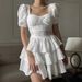 Women Elegant French Puff Sleeve Tiered Cake Dress High Waist Slim Fit Flared A‑Line Dress_ecoleips.com