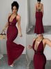Haltered Neck Suspender Texture Color Block Trim Deep V Backless Tie up Bodycon Fishtail Long Dress for Women European And American Style_ecoleips.com