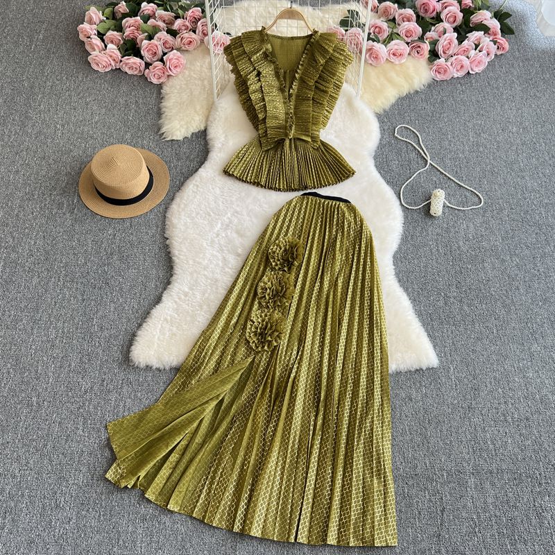 Women's Clothing Elegant Double Layer Ruffled V Neck Sleeveless Waist Top High Waist Slim Slit Skirt Suit_ecoleips.com