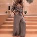 Women's Spring Casual Two Piece Set V Neck Irregular Top Wide Leg Button Design Cotton Pants_ecoleips.com