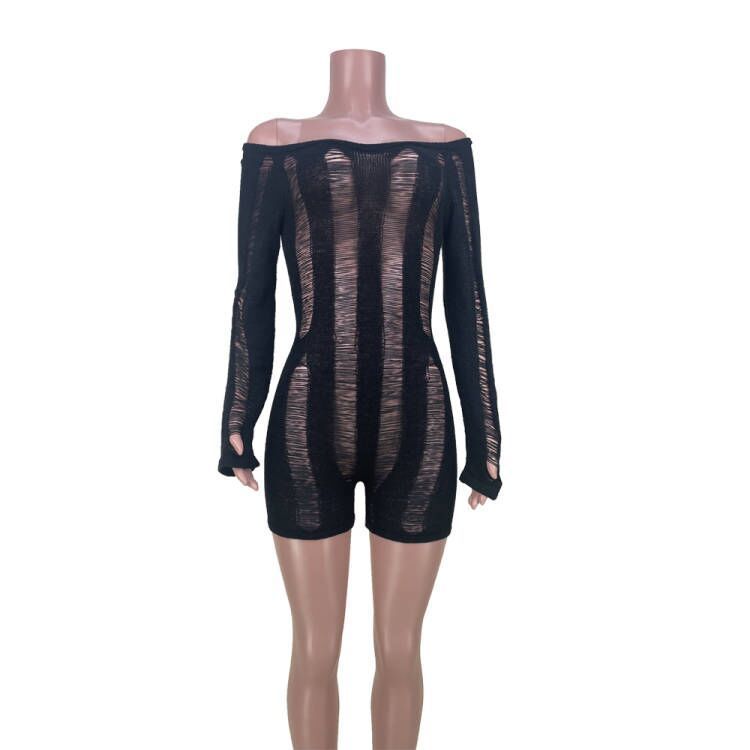K European And American Women's Sexy Hollow Thin Long Sleeved Top With Round Neck And Hollow Back Jumpsuit_ecoleips.com