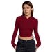 Voya Women's Instagram Trendy Versatile T-shirt Autumn And Winter Slim Fit Wine Red Short Hooded Top_ecoleips.com