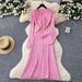 Parisian-Inspired Knit Midi Dress – Metallic Button Waist-Defining Elegance (Pink/Taupe/Black/Green/Burgundy/Purple/Coffee, Stretch Blend)_ecoleips.com