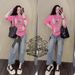 Fashionable Women's Two-Piece Set Cartoon Bear Print Wide Leg Pants Casual Summer Outfit Short Sleeve Top And Bottoms Ensemble_ecoleips.com