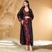 Luxury Two-Piece Abaya Set – Satin Outerwear + Red Printed Inner Dress For Evening Events_ecoleips.com