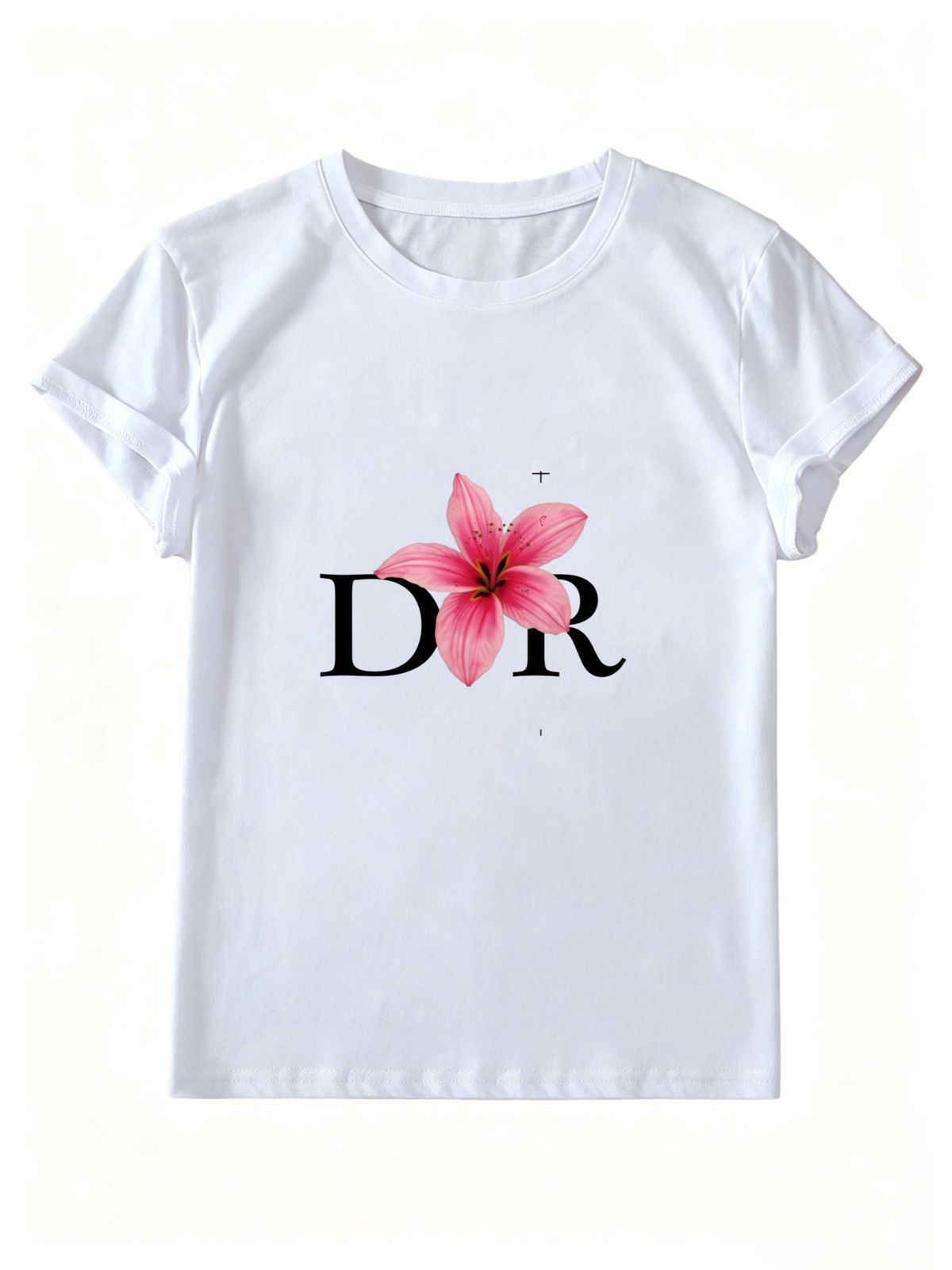 Women's Round Neck Short-sleeved T-shirt, Lily Pattern And Letter Print, Loose And Casual Summer Basic T-shirt_ecoleips.com