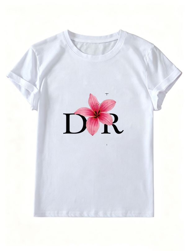 Women's Round Neck Short-sleeved T-shirt, Lily Pattern And Letter Print, Loose And Casual Summer Basic T-shirt_ecoleips.com