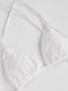 Women White 3D Floral Textured Wrap Around Bikini Top Triangle Cup Criss Cross Back Halter Strappy Tie Waist Swimsuit Top Beach Bathing Suit_ecoleips.com