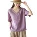 Vintage Cotton-Linen Top For Women, Loose Slimming V-Neck Short-Sleeve Pullover, Casual Solid-Color T-Shirt, Linen Shirt_ecoleips.com