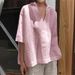 Women's Clothing Spring And Summer V Neck Cotton And Linen All Match Solid Color Large Size Loose Mid Sleeve Women's Shirt_ecoleips.com