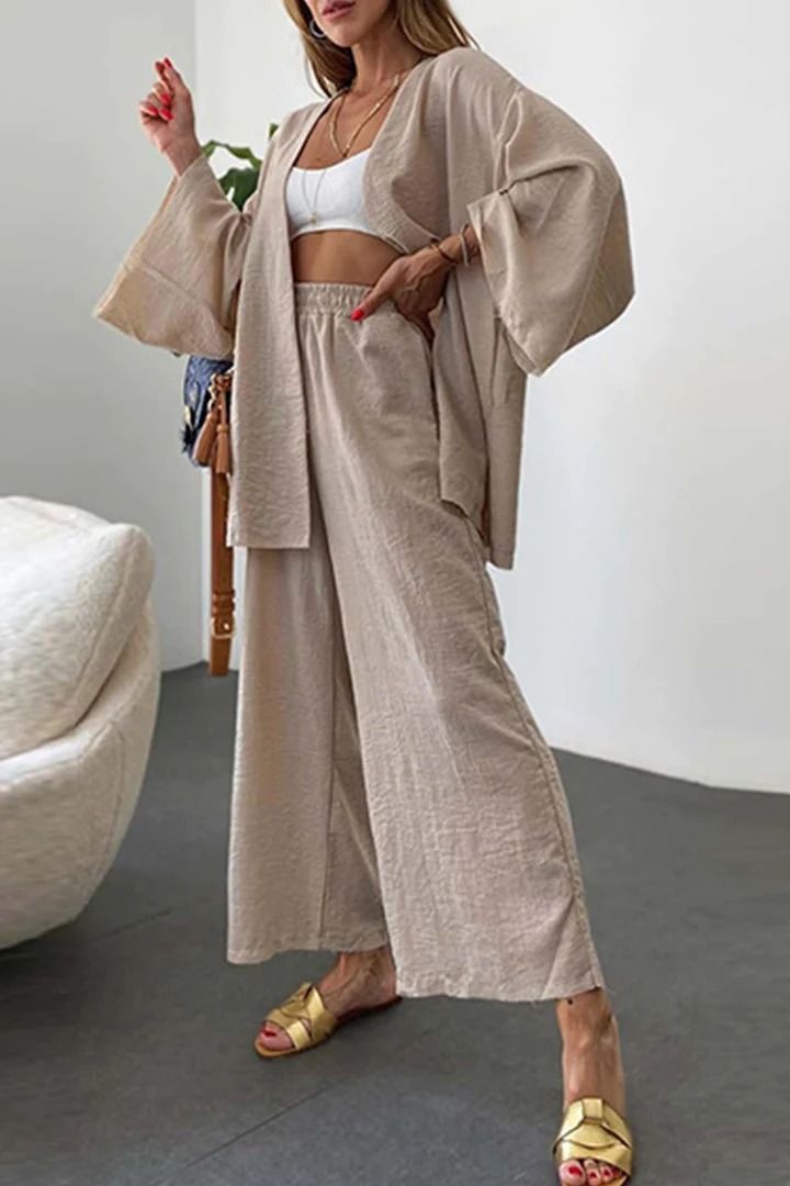 Women's Clothing New Cotton And Linen Suit Cardigan Long Sleeved Top Pocket Wide Leg Trousers Two Piece Set_ecoleips.com