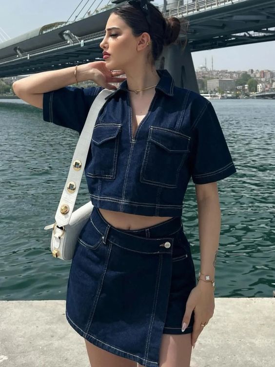 European And American Cargo Denim Suit Two Piece Skirt Set Women's Summer V-neck Short-sleeved Top Summer Female Spice Girl High Waist Irregular Skirt_ecoleips.com