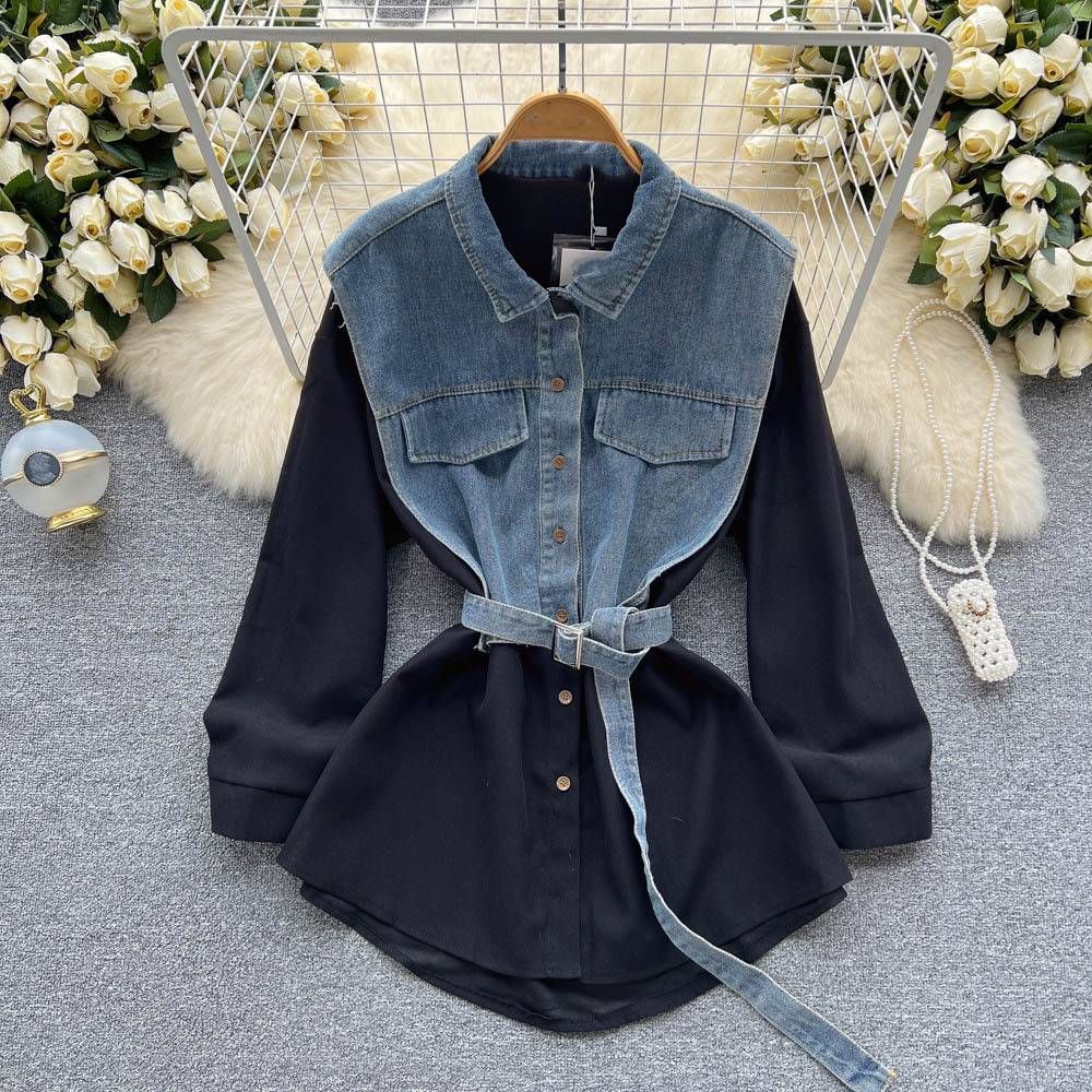 Women's Sleepwears Waist Long Sleeved Shirt Summer High End Cold Style Denim Splicing Shirt Skirt_ecoleips.com