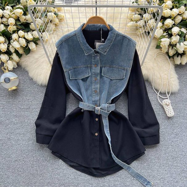 Women's Sleepwears Waist Long Sleeved Shirt Summer High End Cold Style Denim Splicing Shirt Skirt_ecoleips.com