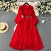Women's Clothing Seaside Vacation Travel Photography Lantern Long Sleeves V Neck Waist Slimming A Line Chiffon Pleated Dress_ecoleips.com