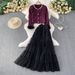 Inspired Elegance: Luxe Boucle Jacket & Sequin Mesh Dress Set (S-XXL, Beige/Purple, Office-to-Evening Versatility)_ecoleips.com