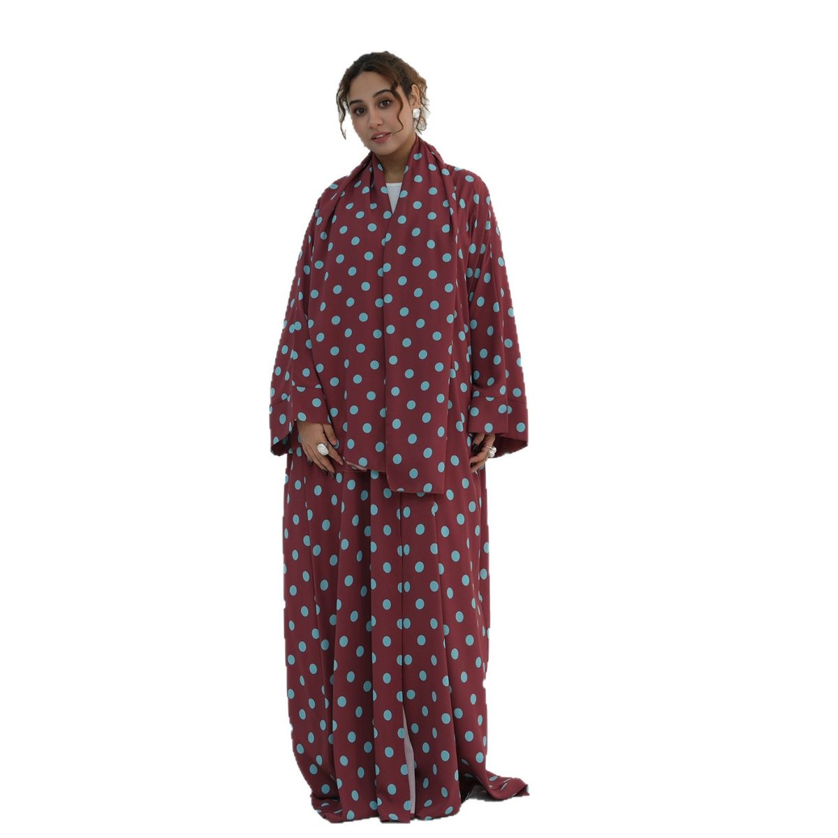 Women's Clothing Modest Fashion Set – Long Sleeve V-Neck Cardigan & Scarf In White/Pink/Brown/Black/Blue/Sky Blue, Lightweight Polyester_ecoleips.com