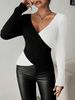 Spicy Color-blocked Knit Top, Crossover V-neck Ribbed Fitted Sweater, Sexy And Slimming Long-sleeved Base Layer._ecoleips.com