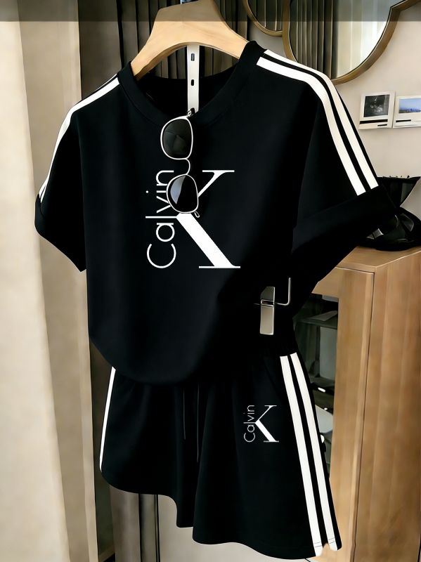 Women's Summer T-shirt Casual Printed Round Neck Short Sleeved Top With Elastic Waist Pocket Letter Pattern Two-piece Set-7_ecoleips.com