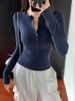 Women's Sexy Button Down Long Sleeved T-shirt V Neck Slim Fit Fashionable Alluring Base Layer Top For Autumn Style_ecoleips.com