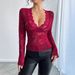 2026 Spring New Women's Solid Color Sexy Lace Slim V-Neck Long Sleeve T-Shirt Top_ecoleips.com