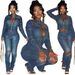 CM9528 Women's Western Style Stretch Casual Denim Suit European American Fashion Washed Burnished Finish Two-piece Outfit_ecoleips.com