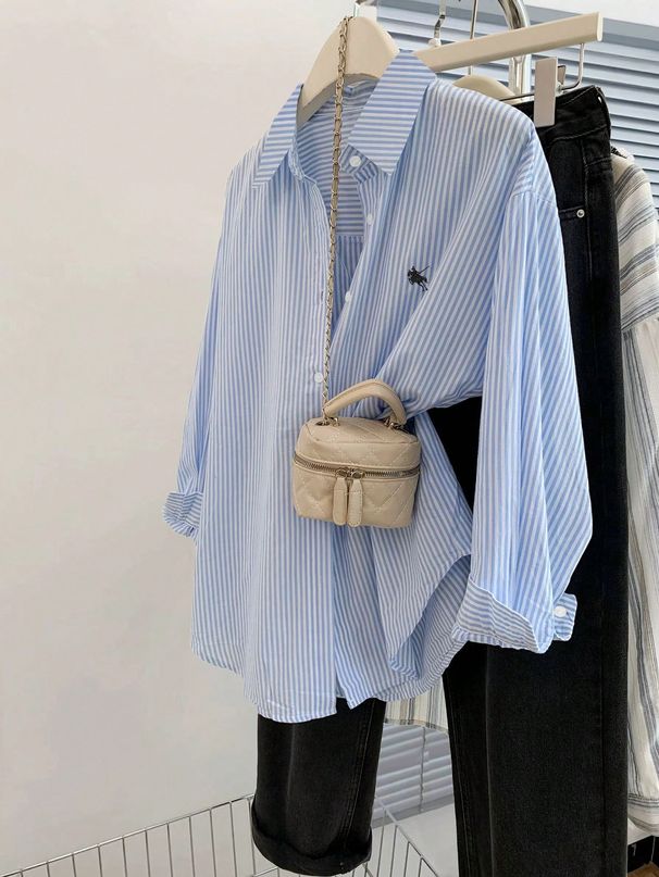 Blue Striped Lapel Shirt for Women Versatile Long Sleeved Top Simple Temperament Fashion Layered Jacket_ecoleips.com