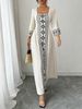 Maxi Dress Spring Summer Women White Square Neck 3/4 Sleeve Ethnic Embroidery Lace Up Elegant Party Dress_ecoleips.com