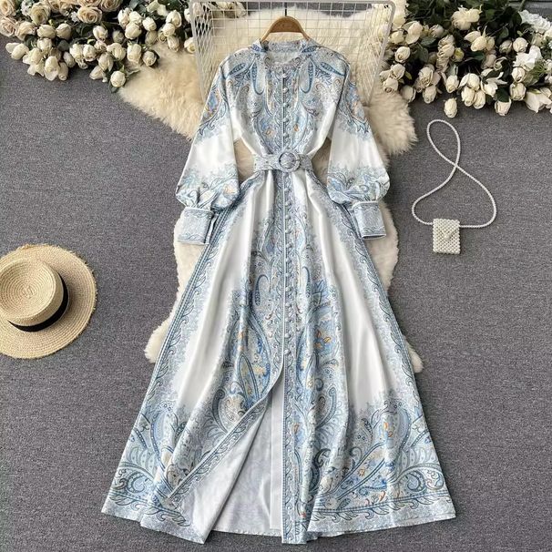 Women's Retro Palace Style Dress Lapel Lantern Sleeves Printed Single Breasted Large Swing A-Line Knee Length Spring Autumn_ecoleips.com