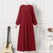 In-stock Muslim Women's New Cross-border Arab Solid Color Dress With Ribbon, Puff Sleeves, Loose Fit, And Round Neck_ecoleips.com