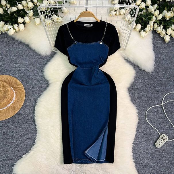 Women's Clothing Fashion Round Neck Short Sleeve Stitching Waist Slim Denim Long Skirt_ecoleips.com