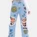 Women's Clothing Fashion Ripped Print Straight High Waist Slim Denim Trousers Versatile Trendy Jeans_ecoleips.com