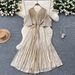 Women's Clothing Pleated Dress Female Summer High End Light Luxury V Neck Bat Sleeve Waist Metallic Pleated Long Skirt_ecoleips.com