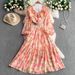 Women's Clothing Retro Print Ruffled V Neck Puff Sleeve Dress Waist Slimming Pleated Long Skirt_ecoleips.com