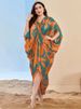 Floral Print Muslim Maxi Dress With Elegant V-Neck - Breathable Polyester Satin Fabric For Women (One Size, Long Sleeve, Asymmetrical Hem)_ecoleips.com