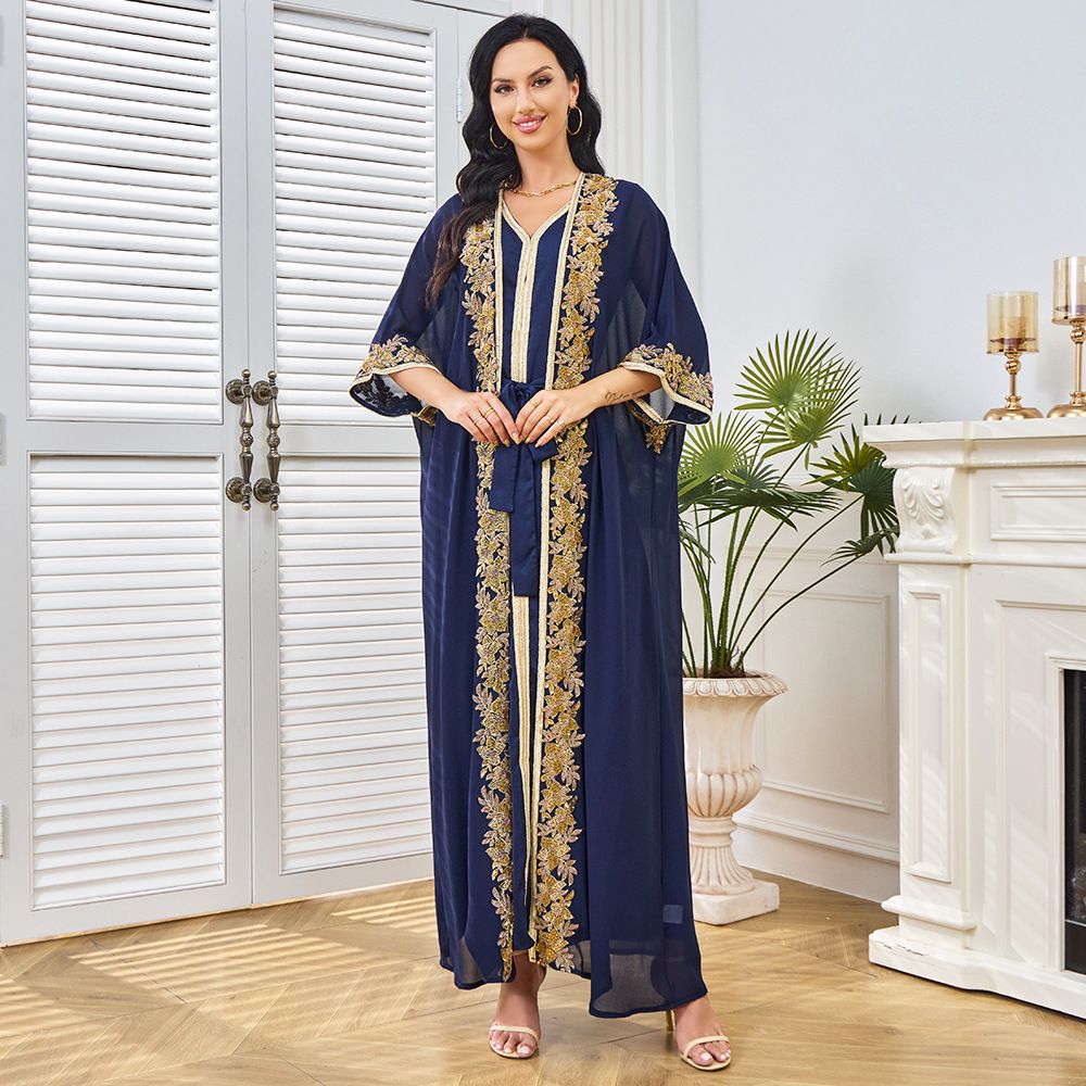 Women's Clothing Modest Abaya Dress Women's Elegant Abaya Dress Set – Long Sleeve Beaded Kaftan With Batwing Sleeves & Belted Wrap (Navy Blue)_ecoleips.com