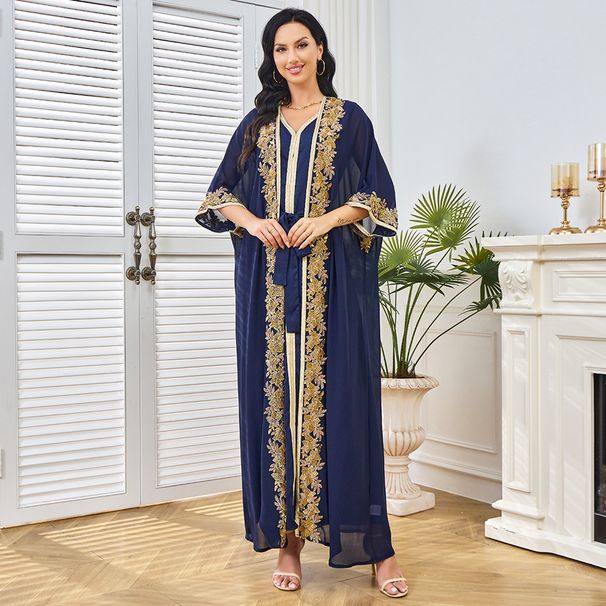 Women's Clothing Modest Abaya Dress Women's Elegant Abaya Dress Set – Long Sleeve Beaded Kaftan With Batwing Sleeves & Belted Wrap (Navy Blue)_ecoleips.com