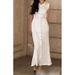 Elegant Retro Southeast Asian Style V Neck Sleeveless Dress Single Breasted Fitted Waist Openwork Crochet Knit Women's Clothing_ecoleips.com