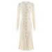 French Style Women's Long Knitted Dress With Long Sleeves Single Breasted Design Elegant Openwork Slim Fit For Tea Break_ecoleips.com