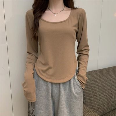Women's Long Sleeve Basic Stretch Knit Tee Asymmetrical Hem Crop Top for Fall And Winter Layering_ecoleips.com