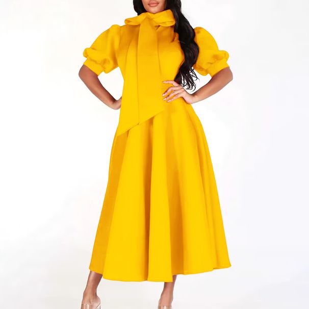 Women's Clothing Spring And Summer Temperament Puff Sleeve Solid Color Design Waist Strap Long Skirt_ecoleips.com