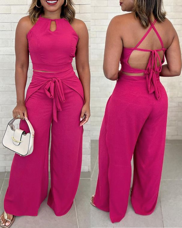 Women's Clothing Rose Red Halter Vest Set Waist Tie Wide Leg Pants_ecoleips.com