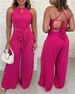 Women's Clothing Rose Red Halter Vest Set Waist Tie Wide Leg Pants_ecoleips.com