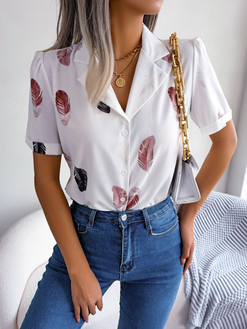 2026 Spr/Summer European And American Style Feather Collar Loose Short-Sleeve Shirt Cross-Border Women's_ecoleips.com